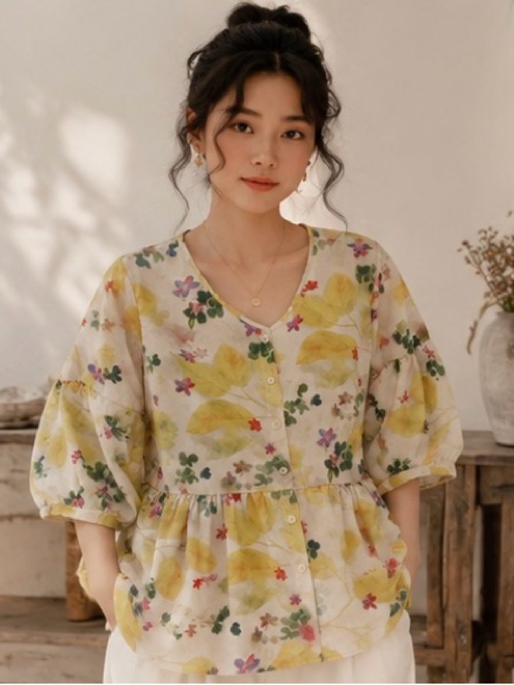 Women’s Romantic Cottagecore Floral Peplum Blouse Puff Sleeve Button Front XL